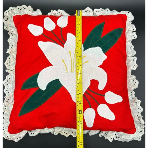 Vintage Throw Pillow Floral Handmade Red White Lace Calla Lily Flower Retro - Picture 9 of 9